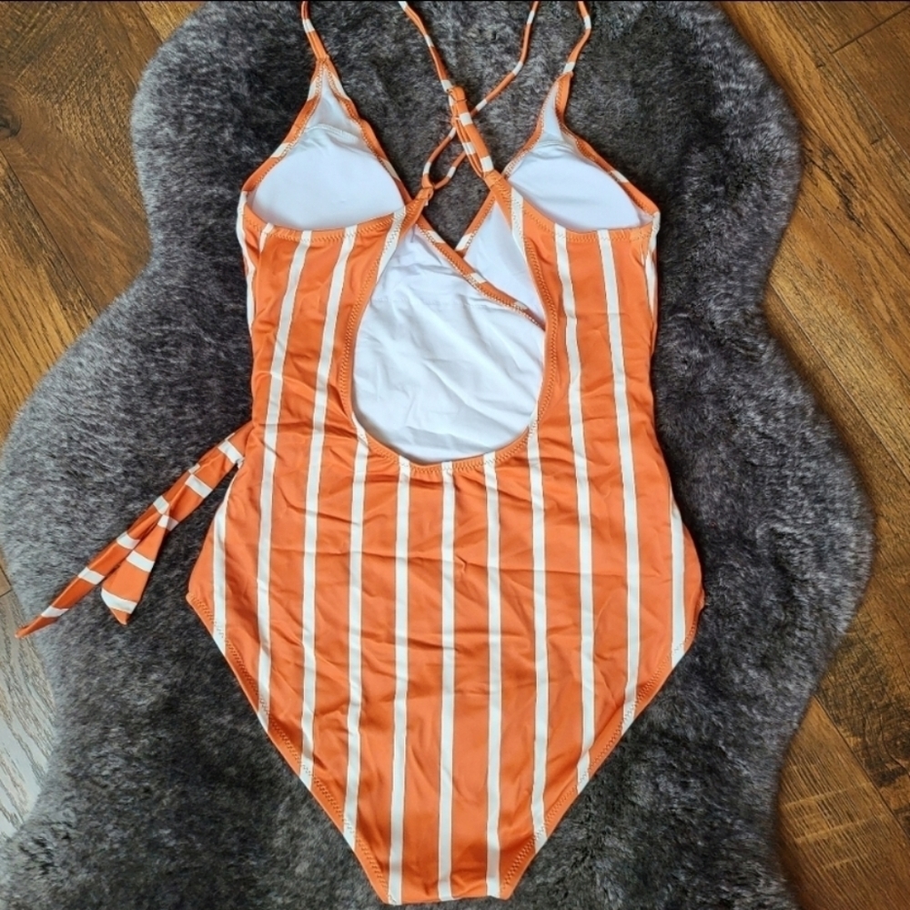 New Orange Stripped Wrap Onepiece Women's Swimsuit - Picture 7 of 7